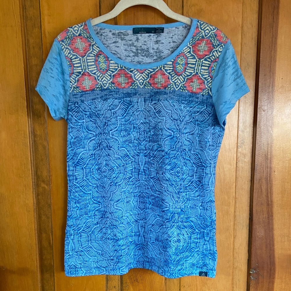 Prana Blue Short Sleeve Tee with Coral and Yellow Embroidered Yoke